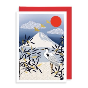 Поздравителна картичка - Планината Фуджи и щъркел